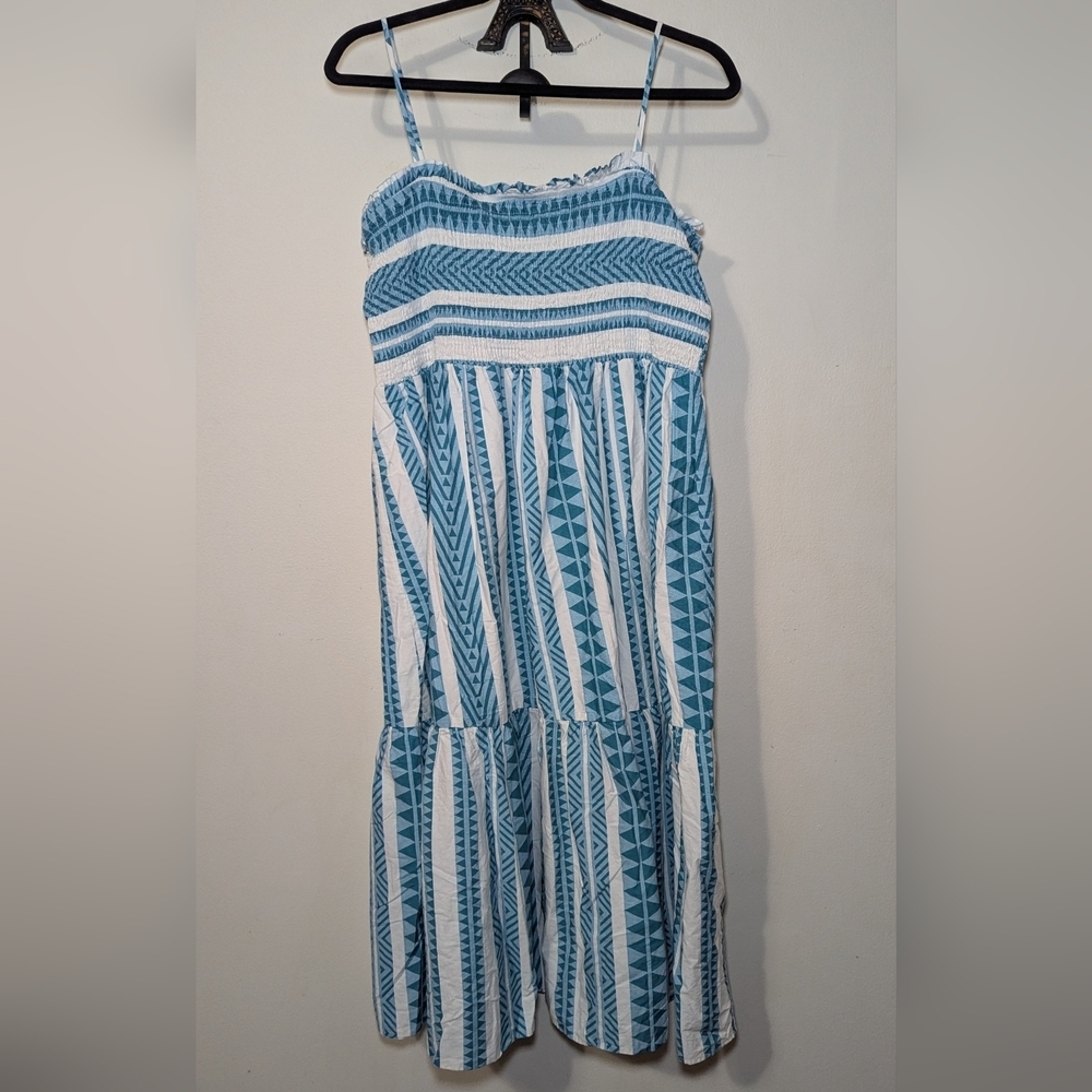 Chicsoul Boho Maxi Sundress Blue + White Smocked Tiered 100% Cotton Size 3X